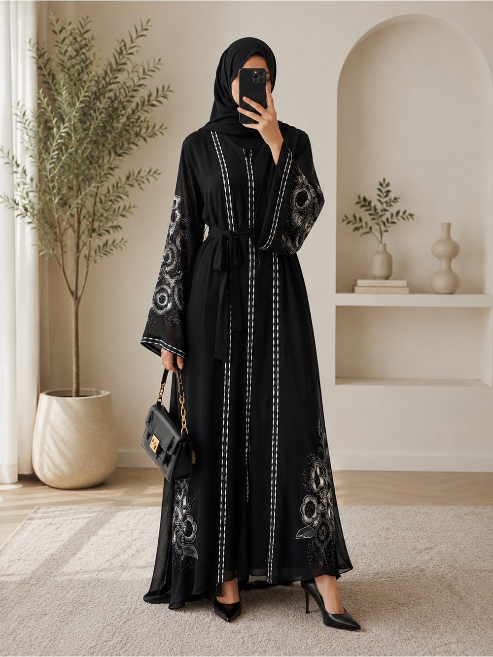 Elegant Black Embroidered Abaya Dress with Belt